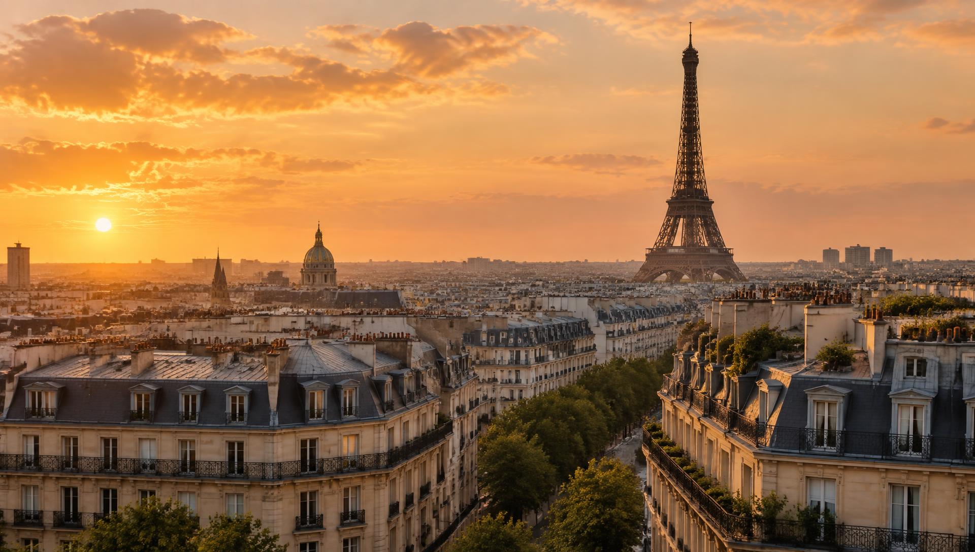 Paris skyline at golden hour with the Eiffel Tower in the distance